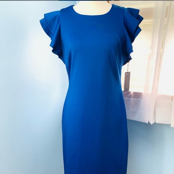 Tommy HilfigerScuba Crew Neck Flutter Ruffle Cap Sleeve Sheath Dress - Picture 2 of 7